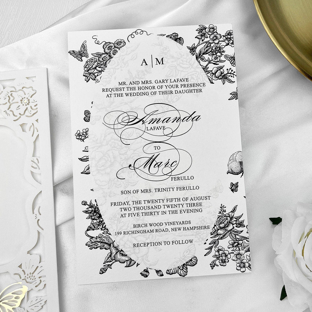 Gold Foil Butterflies Pocket Wedding Invitation Suite with Double-sided Printing, Butterfly Floral Party Invitations Wedding Ceremony Supplies Picky Bride