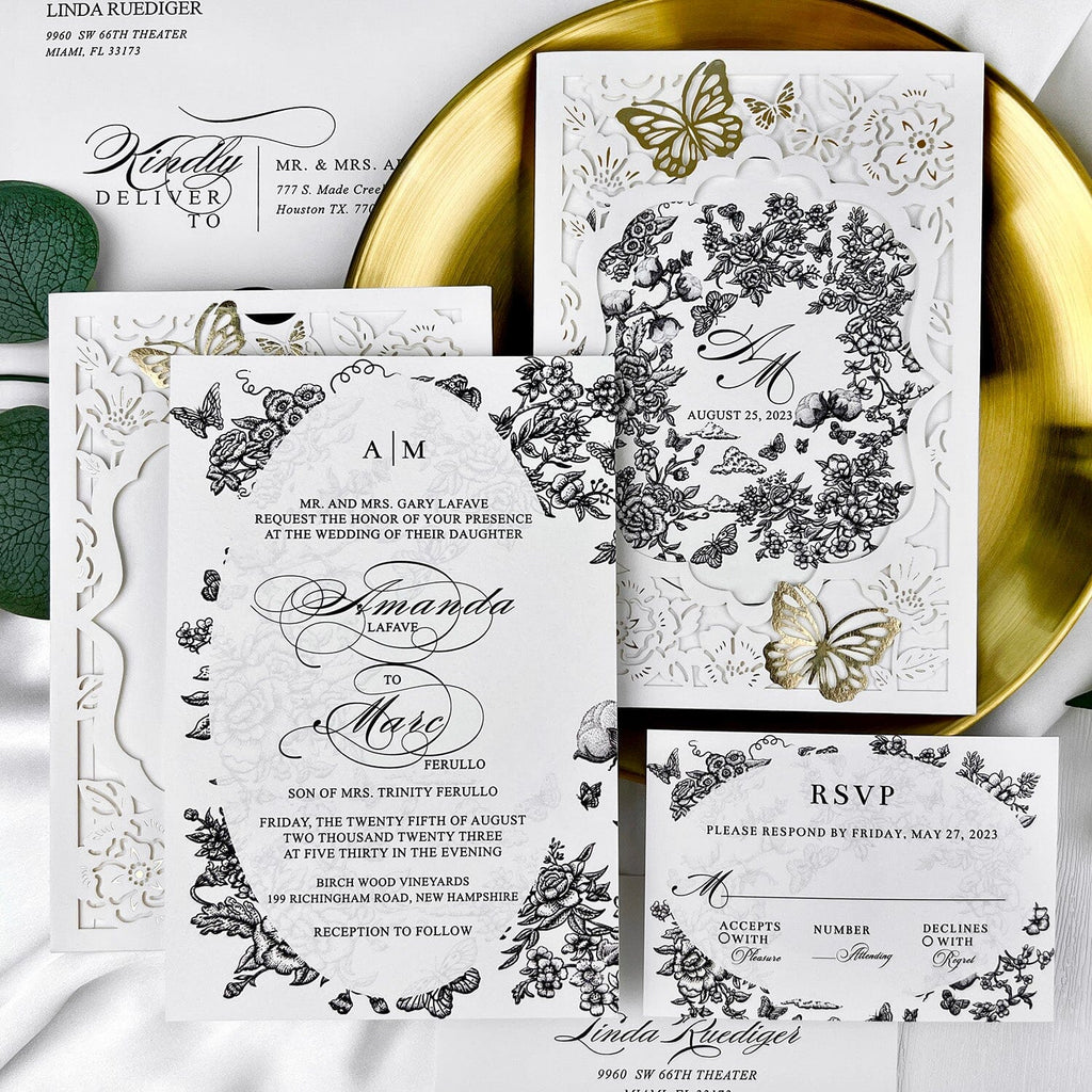 Gold Foil Butterflies Pocket Wedding Invitation Suite with Double-sided Printing, Butterfly Floral Party Invitations Wedding Ceremony Supplies Picky Bride Invitations + RSVP(+$0.6)