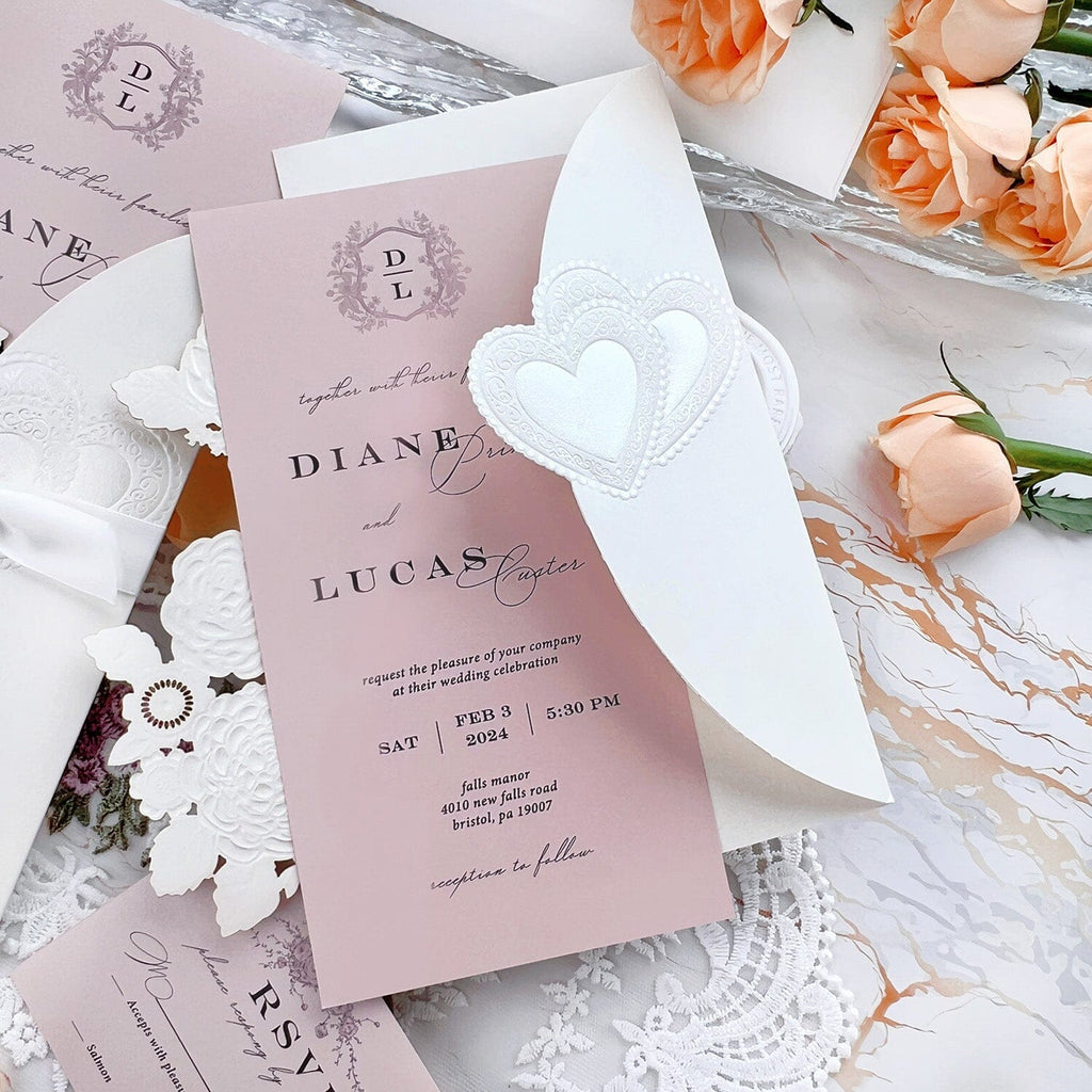 Gold Foil Embossed Wedding Invitation Suite, Laser Cut Floral Wedding Invites Cards with Ribbon, Heart Wedding Invitations Wedding Ceremony Supplies Picky Bride