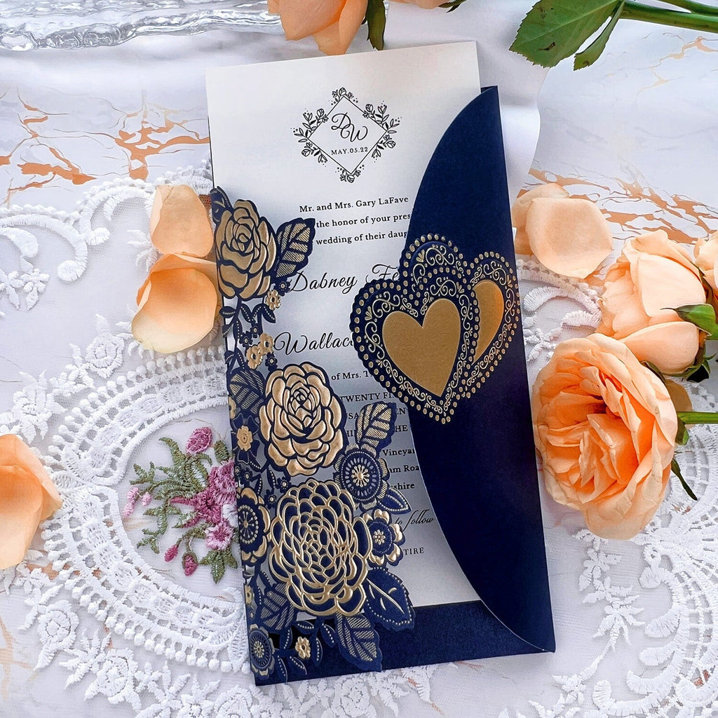 Gold Foil Embossed Wedding Invitation Suite, Laser Cut Floral Wedding Invites Cards with Ribbon, Heart Wedding Invitations Wedding Ceremony Supplies Picky Bride