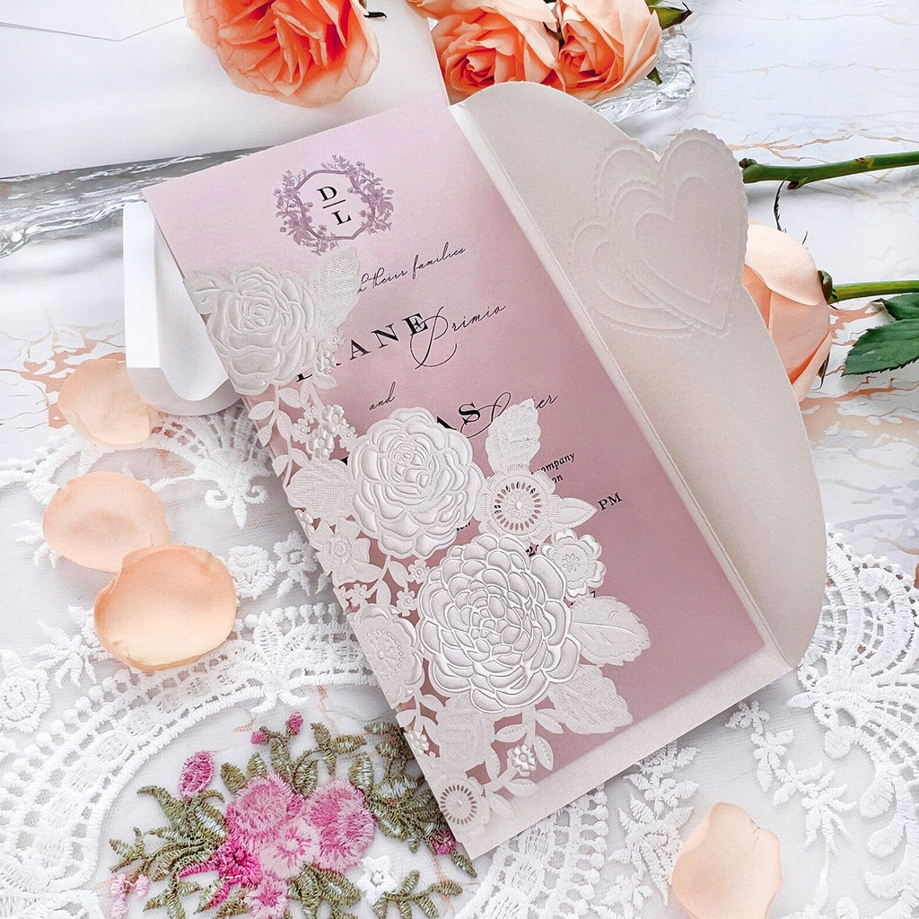 Gold Foil Embossed Wedding Invitation Suite, Laser Cut Floral Wedding Invites Cards with Ribbon, Heart Wedding Invitations Wedding Ceremony Supplies Picky Bride Invitation White