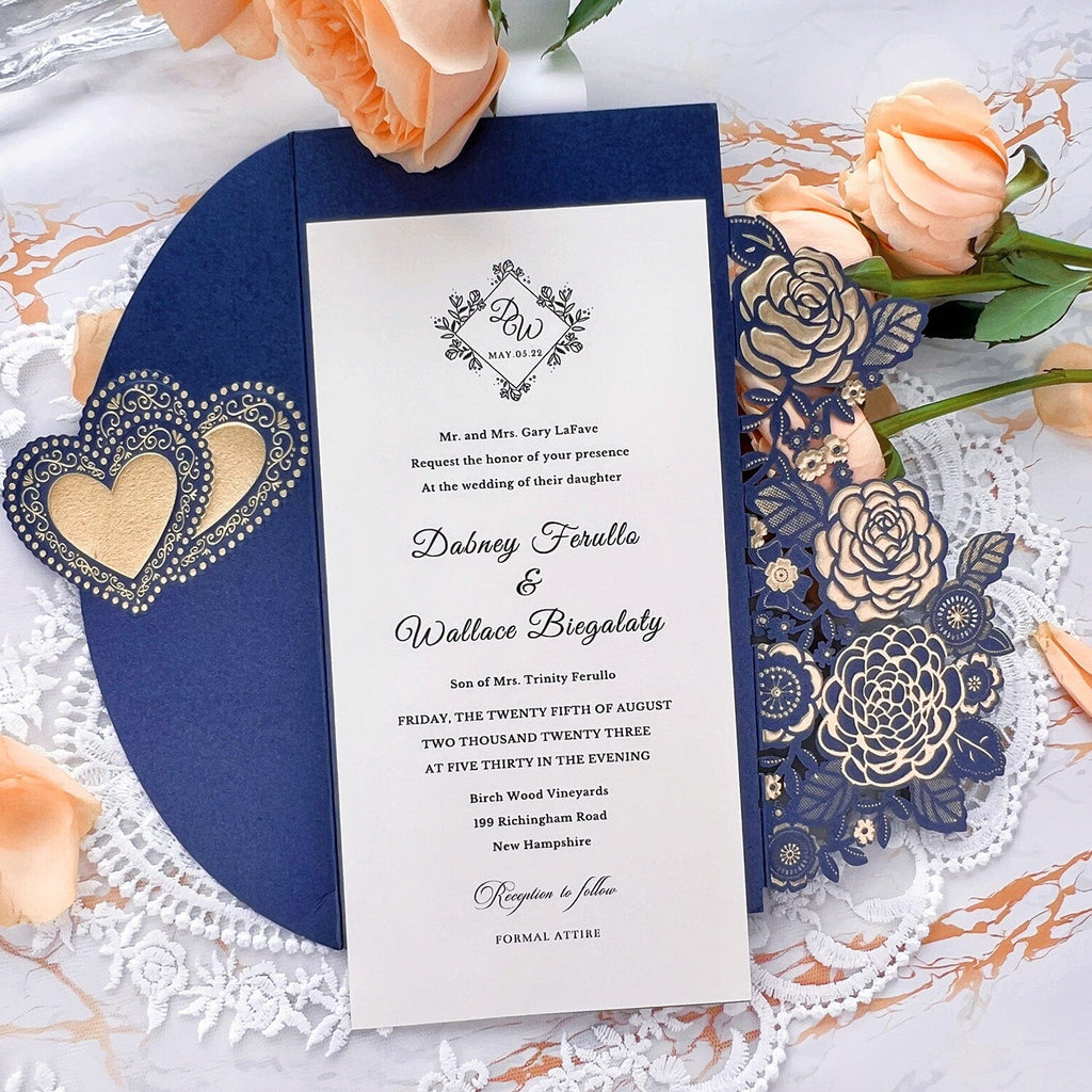 Gold Foil Embossed Wedding Invitation Suite, Laser Cut Floral Wedding Invites Cards with Ribbon, Heart Wedding Invitations Wedding Ceremony Supplies Picky Bride Invitation Navy