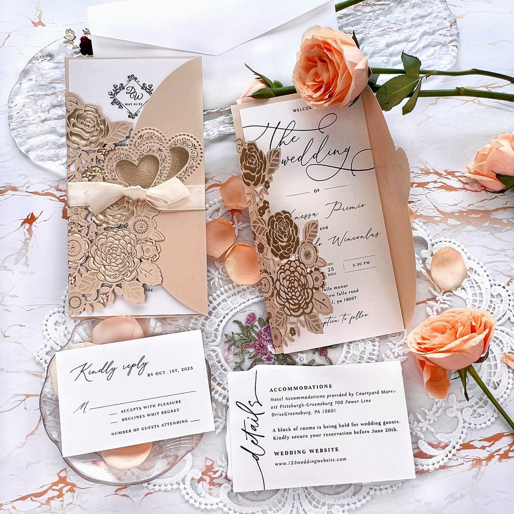 Gold Foil Embossed Wedding Invitation Suite, Laser Cut Floral Wedding Invites Cards with Ribbon, Heart Wedding Invitations Wedding Ceremony Supplies Picky Bride Invitation + RSVP($0.6) Gold
