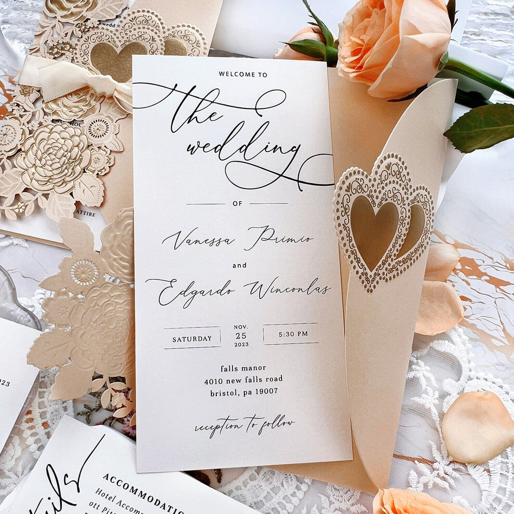 Gold Foil Embossed Wedding Invitation Suite, Laser Cut Floral Wedding Invites Cards with Ribbon, Heart Wedding Invitations Wedding Ceremony Supplies Picky Bride Invitation Gold