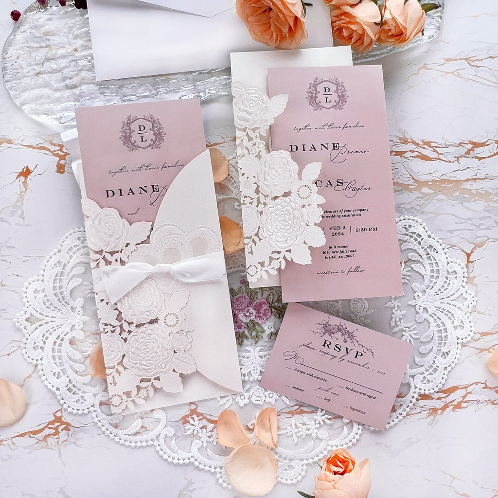 Gold Foil Embossed Wedding Invitation Suite, Laser Cut Floral Wedding Invites Cards with Ribbon, Heart Wedding Invitations Wedding Ceremony Supplies Picky Bride Invitation + RSVP($0.6) White