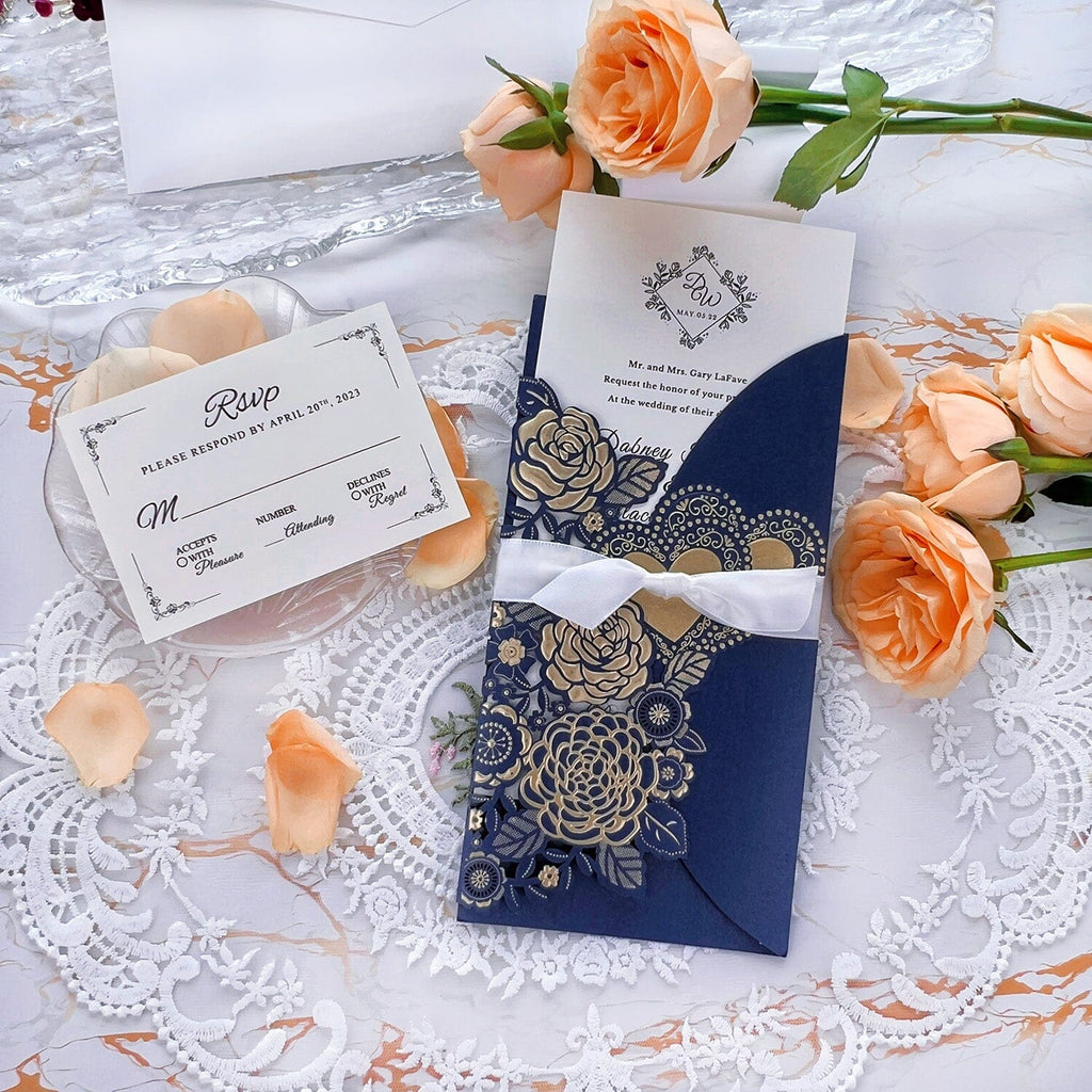 Gold Foil Embossed Wedding Invitation Suite, Laser Cut Floral Wedding Invites Cards with Ribbon, Heart Wedding Invitations Wedding Ceremony Supplies Picky Bride Invitation + RSVP($0.6) Navy