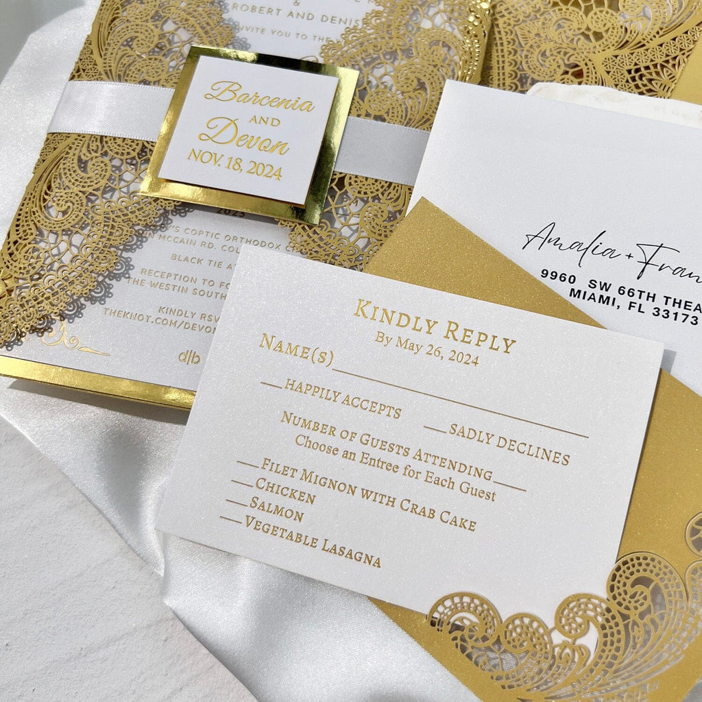 Gold Foil Laser Cut Wedding Invitation Set, Luxury Glitter Invite Card and Bellyband, Golden Lace Wedding Invites Picky Bride