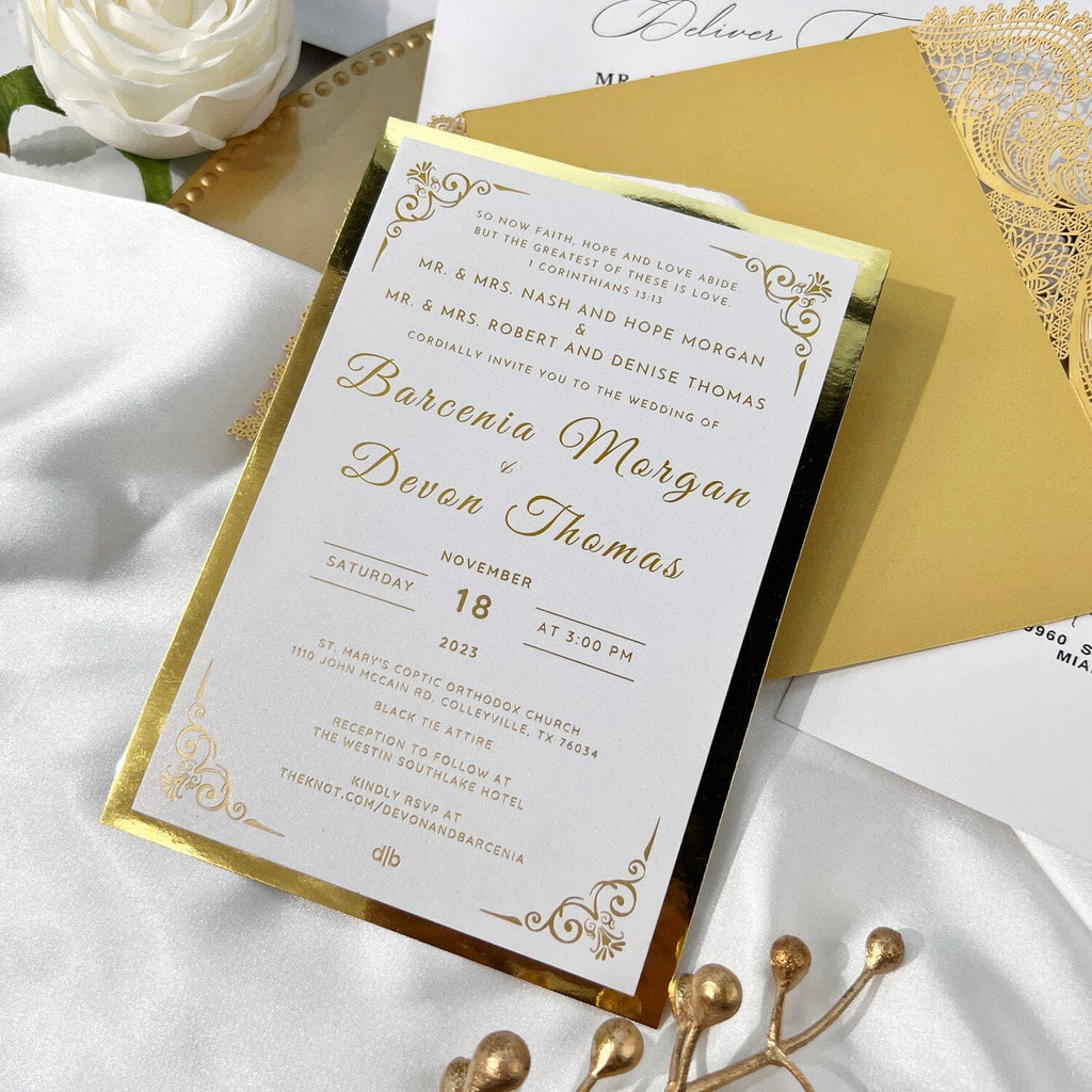 Gold Foil Laser Cut Wedding Invitation Set, Luxury Glitter Invite Card and Bellyband, Golden Lace Wedding Invites Picky Bride
