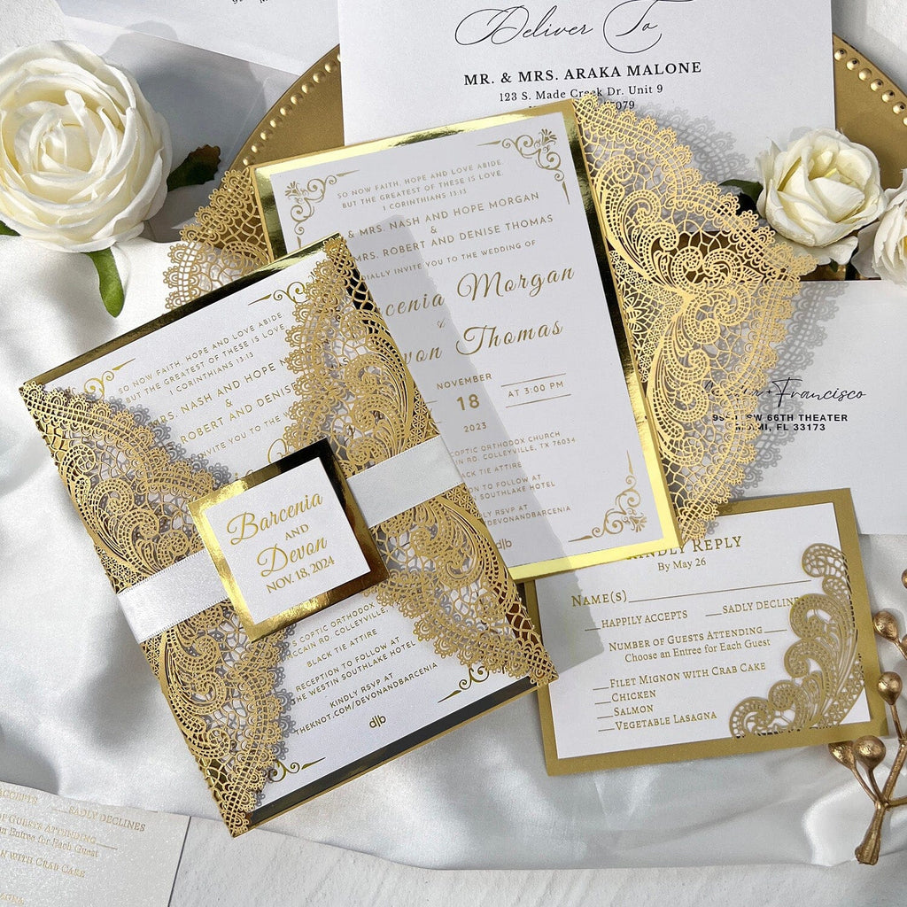 Gold Foil Laser Cut Wedding Invitation Set, Luxury Glitter Invite Card and Bellyband, Golden Lace Wedding Invites Picky Bride