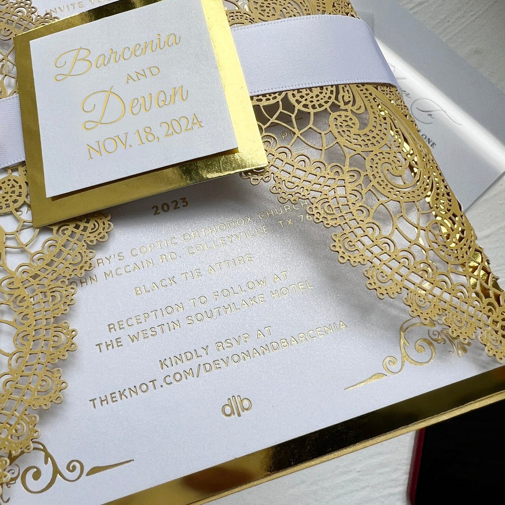 Gold Foil Laser Cut Wedding Invitation Set, Luxury Glitter Invite Card and Bellyband, Golden Lace Wedding Invites Picky Bride