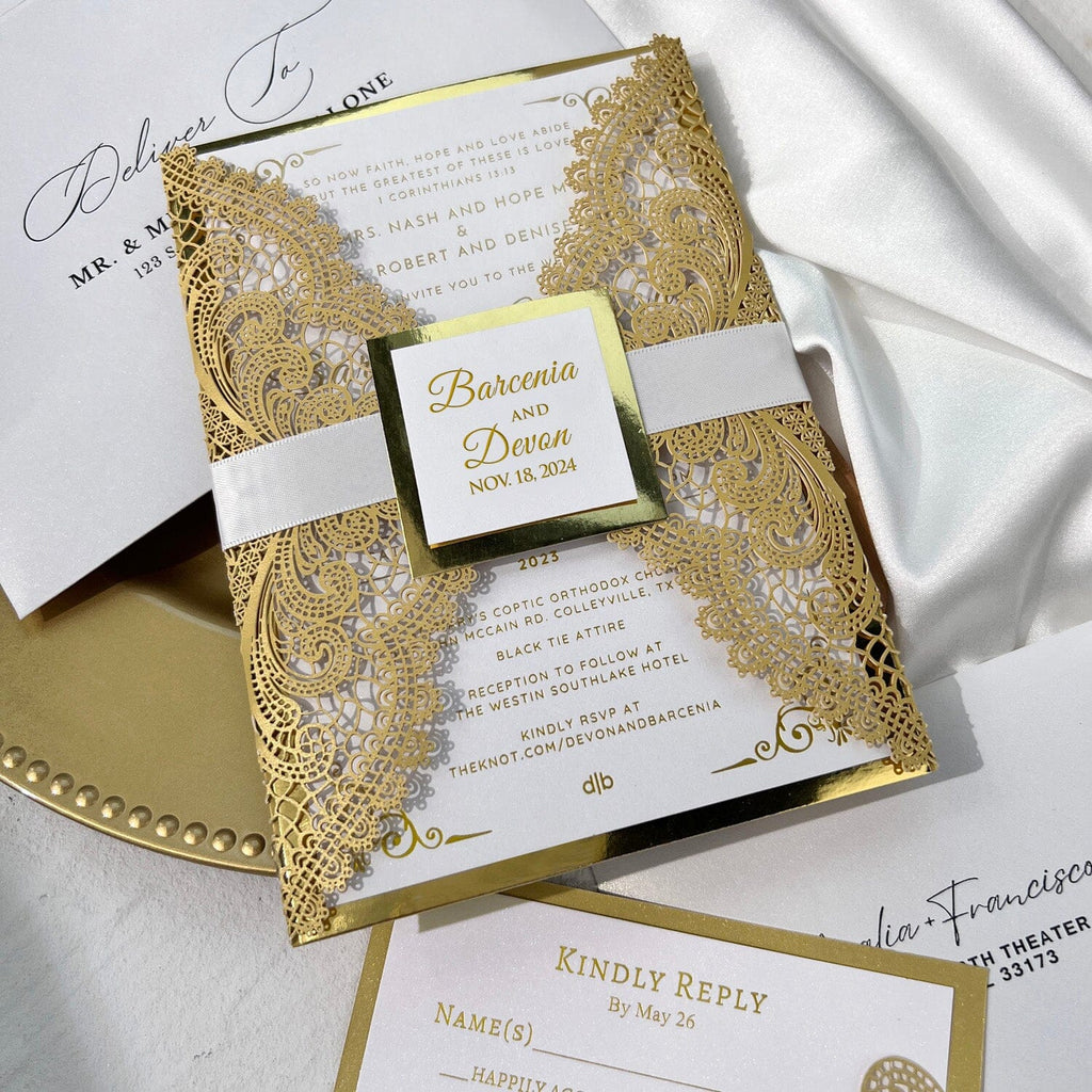 Gold Foil Laser Cut Wedding Invitation Set, Luxury Glitter Invite Card and Bellyband, Golden Lace Wedding Invites Picky Bride