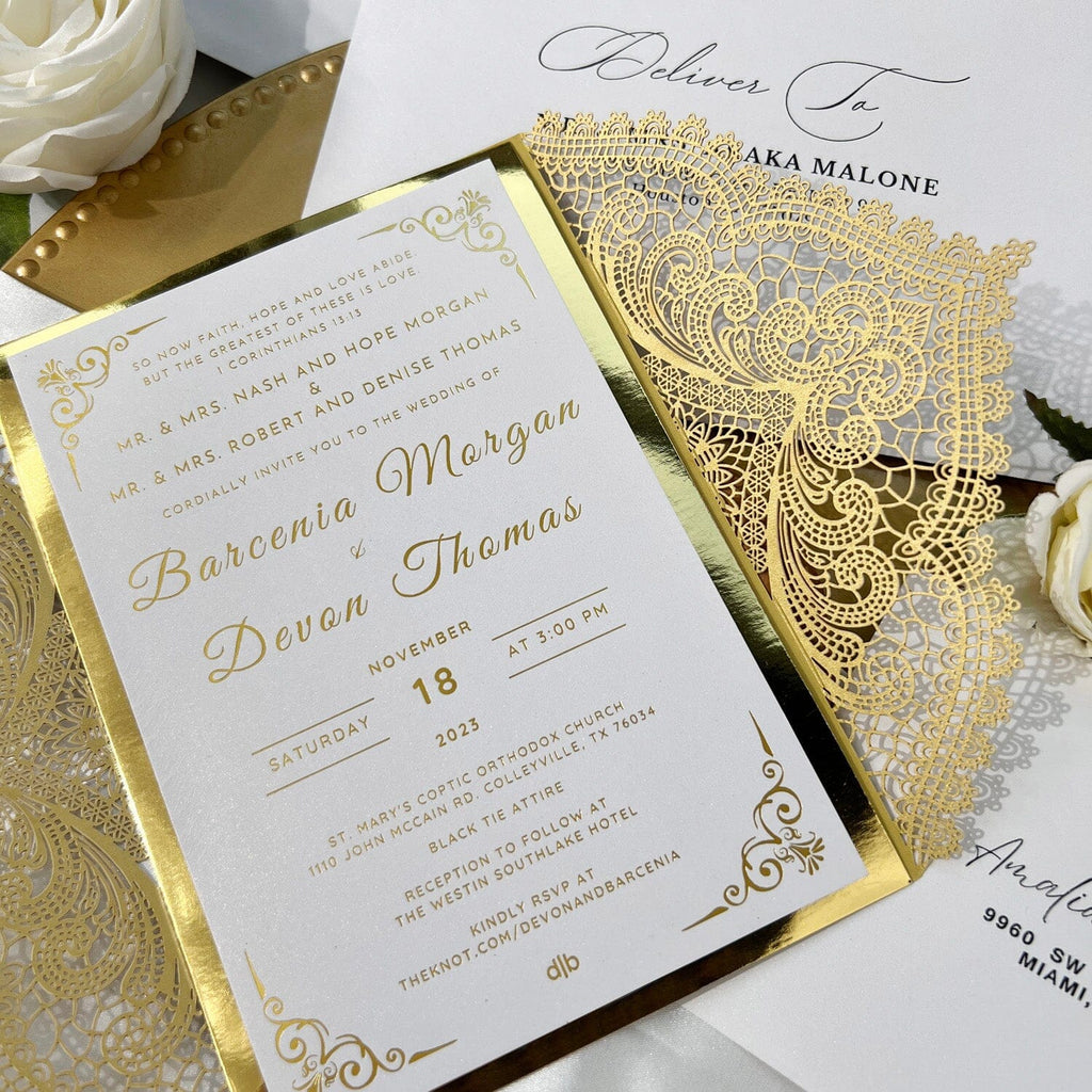 Gold Foil Laser Cut Wedding Invitation Set, Luxury Glitter Invite Card and Bellyband, Golden Lace Wedding Invites Picky Bride