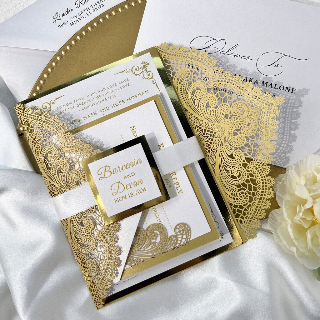 Gold Foil Laser Cut Wedding Invitation Set, Luxury Glitter Invite Card and Bellyband, Golden Lace Wedding Invites Picky Bride Invitation + RSVP(+$1.2) 1 Sample