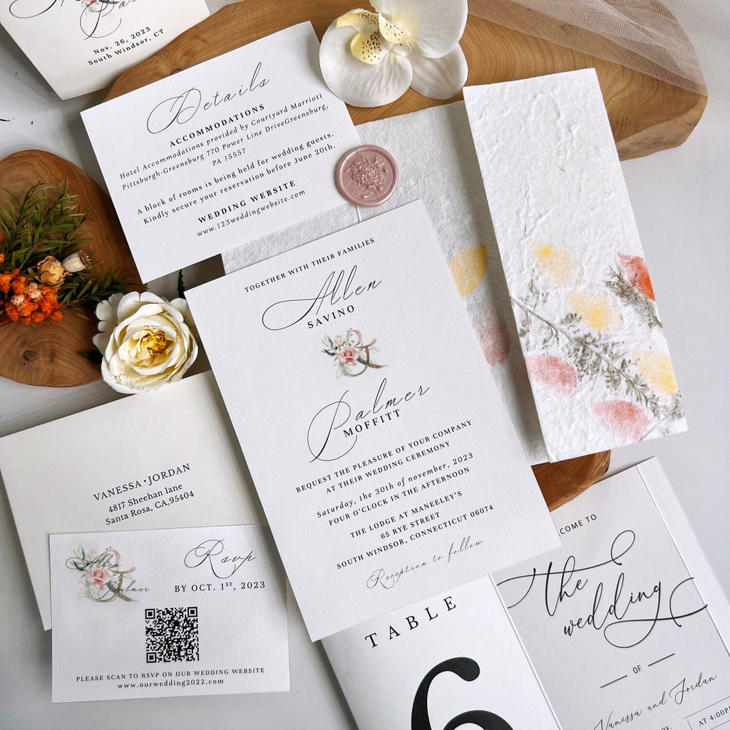 Grass Floral Handmade Personalized Wedding Invitations Suite, Deckled Edge Invites for Elegant Pink Wedding, Custom Wax Seal Wedding Ceremony Supplies Picky Bride