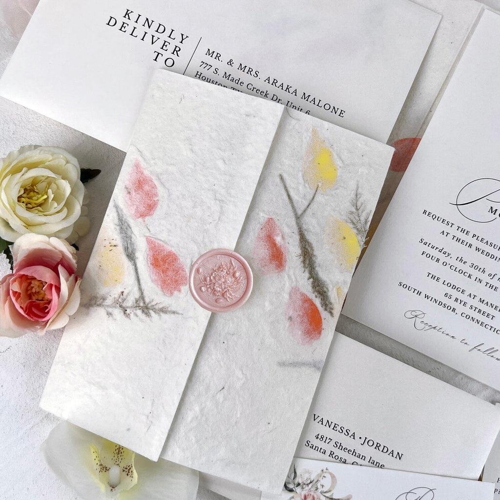 Grass Floral Handmade Personalized Wedding Invitations Suite, Deckled Edge Invites for Elegant Pink Wedding, Custom Wax Seal Wedding Ceremony Supplies Picky Bride