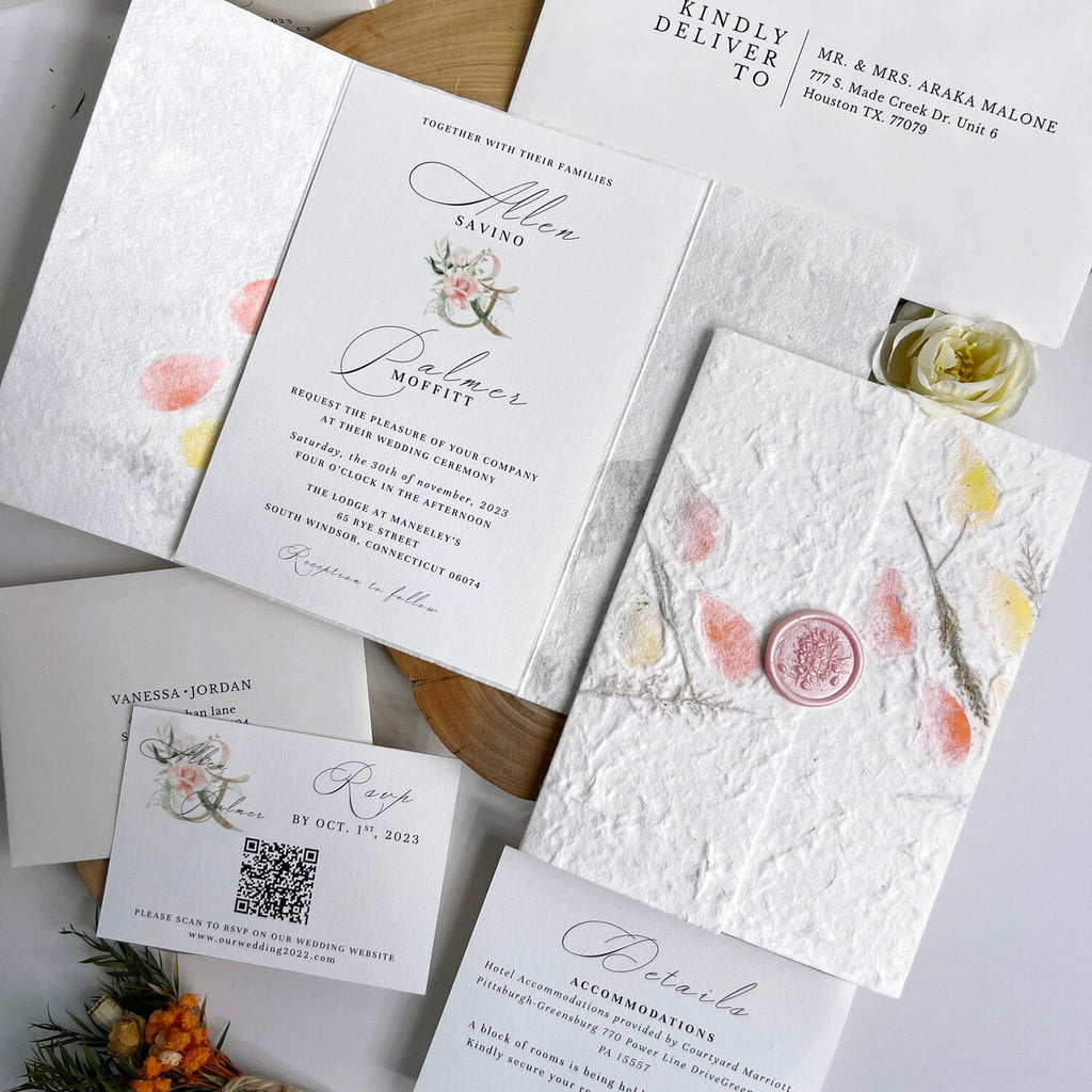 Grass Floral Handmade Personalized Wedding Invitations Suite, Deckled Edge Invites for Elegant Pink Wedding, Custom Wax Seal Wedding Ceremony Supplies Picky Bride