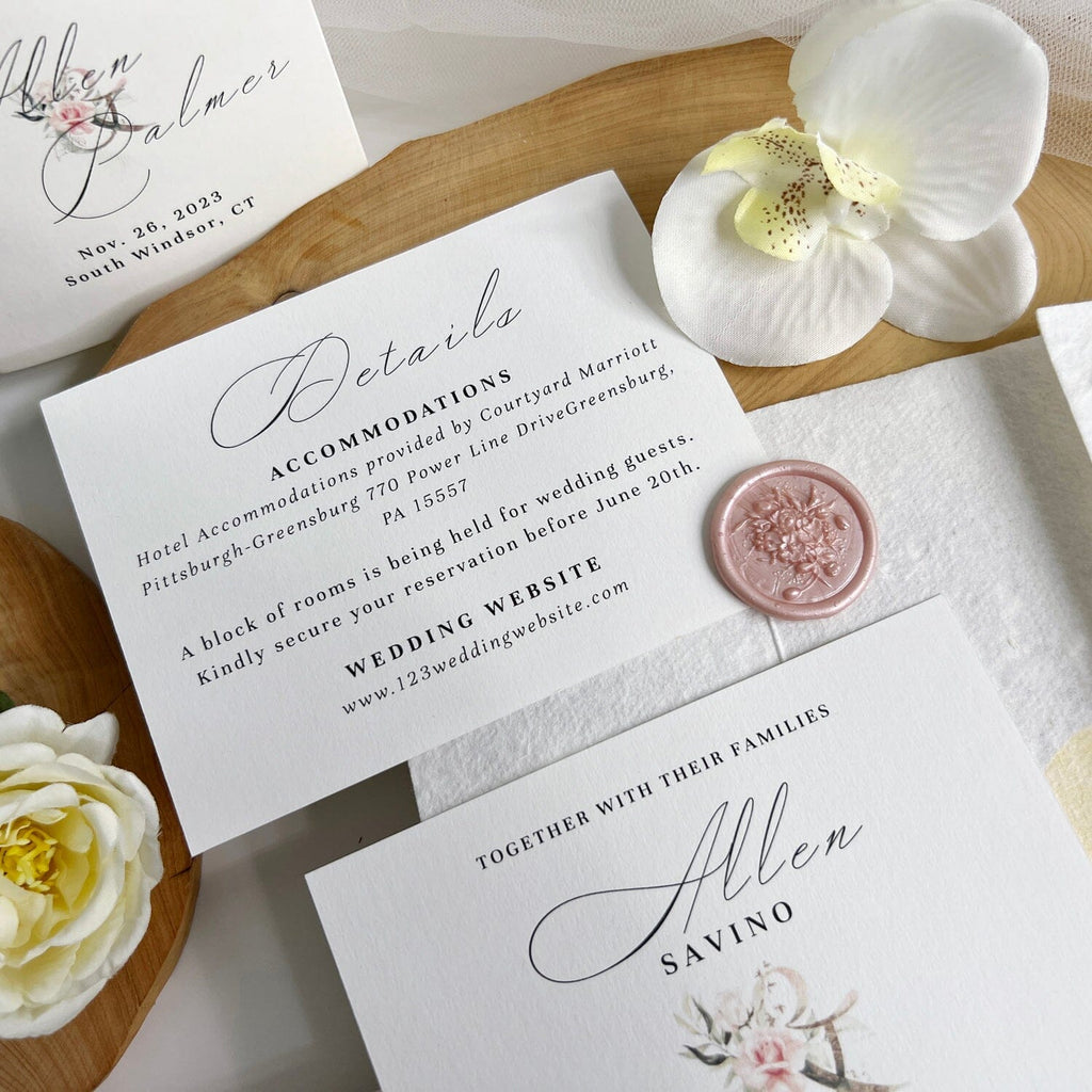 Grass Floral Handmade Personalized Wedding Invitations Suite, Deckled Edge Invites for Elegant Pink Wedding, Custom Wax Seal Wedding Ceremony Supplies Picky Bride 