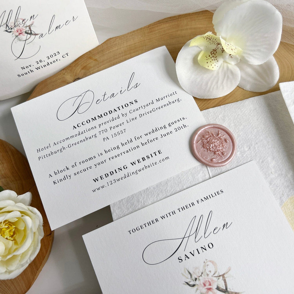 Grass Floral Handmade Personalized Wedding Invitations Suite, Deckled Edge Invites for Elegant Pink Wedding, Custom Wax Seal Wedding Ceremony Supplies Picky Bride