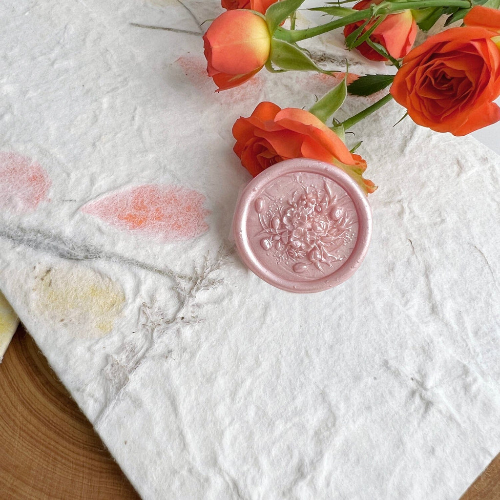 Grass Floral Handmade Personalized Wedding Invitations Suite, Deckled Edge Invites for Elegant Pink Wedding, Custom Wax Seal Wedding Ceremony Supplies Picky Bride