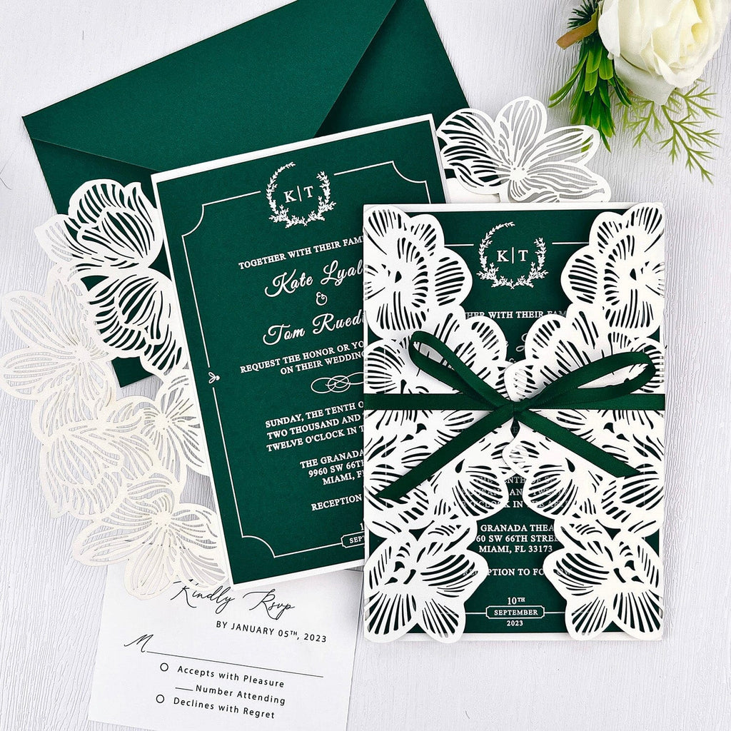 Green and White Laser Cut Wedding Invitation, White Ink Invitations, Emerald Wedding Invite Cards and RSVP Wedding Ceremony Supplies Picky Bride 