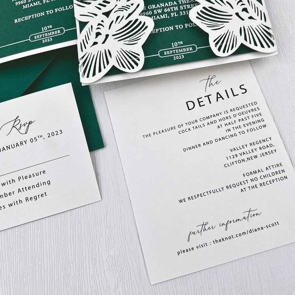 Green and White Laser Cut Wedding Invitation, White Ink Invitations, Emerald Wedding Invite Cards and RSVP Wedding Ceremony Supplies Picky Bride 