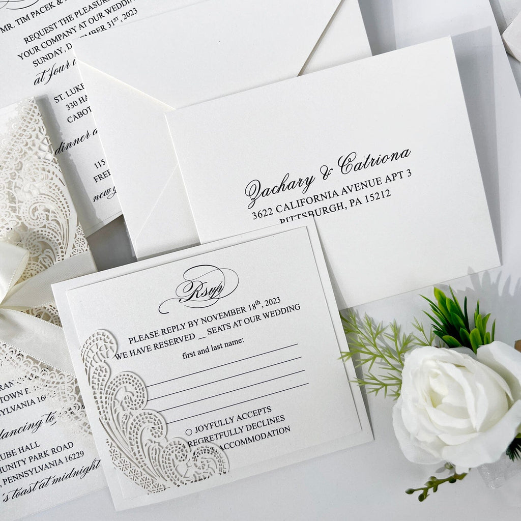 Ivory Laser Cut Wedding Invitation Suite, Gate Fold Lace Calligraphy Invites, Customized Wedding Card Size Wedding Ceremony Supplies Picky Bride