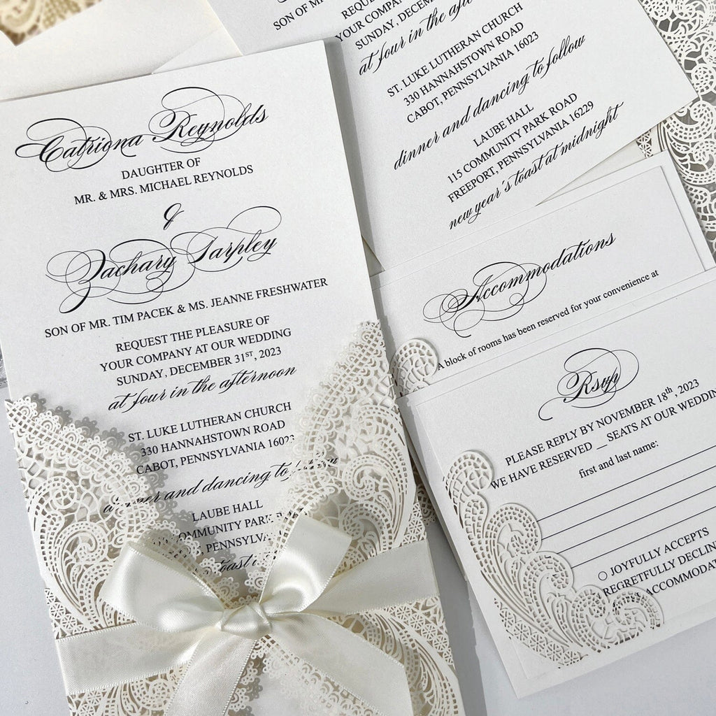 Ivory Laser Cut Wedding Invitation Suite, Gate Fold Lace Calligraphy Invites, Customized Wedding Card Size Wedding Ceremony Supplies Picky Bride