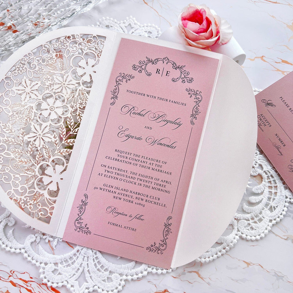 Laser Cut Flower Wedding Invitations, Lace Gate-Fold Invitation Cards, Personalized Wedding Cards with RSVP Wedding Ceremony Supplies Picky Bride