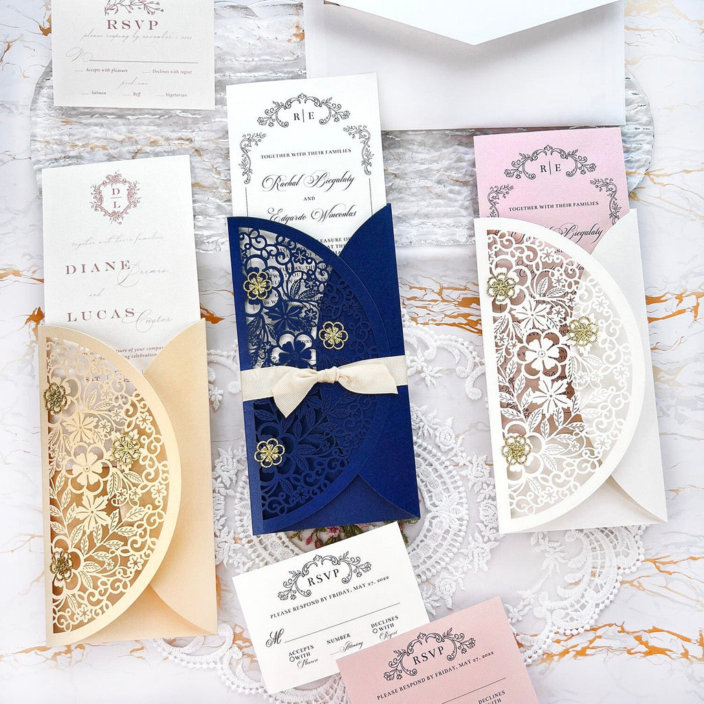 Laser Cut Flower Wedding Invitations, Lace Gate-Fold Invitation Cards, Personalized Wedding Cards with RSVP Wedding Ceremony Supplies Picky Bride