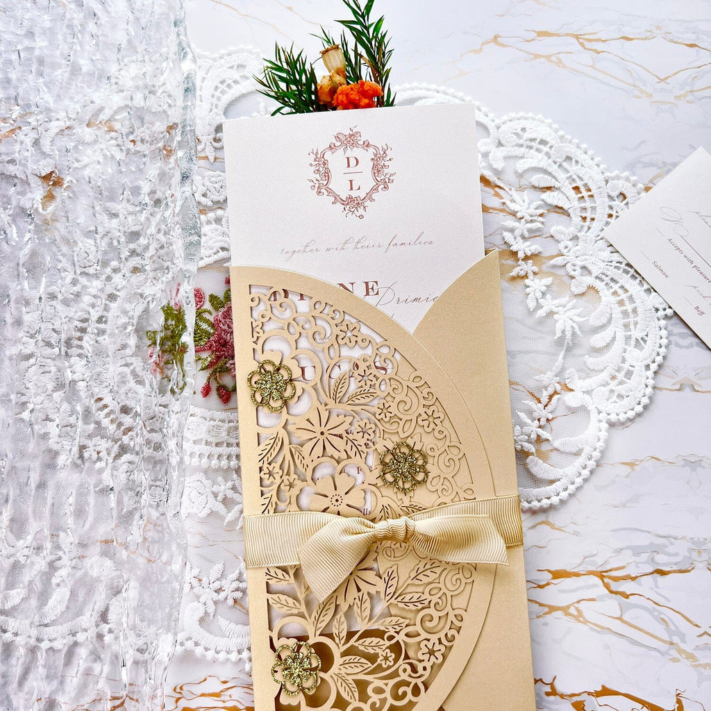 Laser Cut Flower Wedding Invitations, Lace Gate-Fold Invitation Cards, Personalized Wedding Cards with RSVP Wedding Ceremony Supplies Picky Bride Invitation Gold