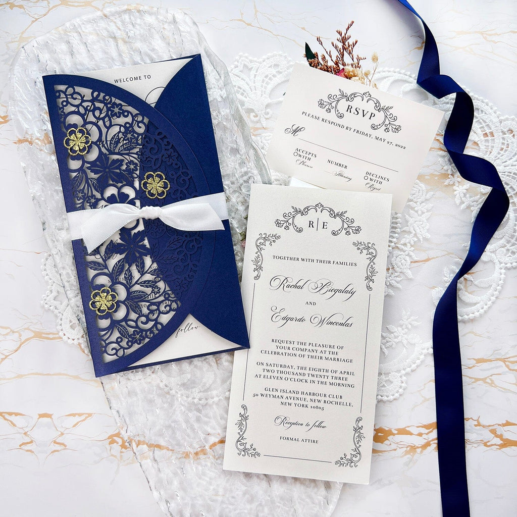 Laser Cut Flower Wedding Invitations, Lace Gate-Fold Invitation Cards, Personalized Wedding Cards with RSVP Wedding Ceremony Supplies Picky Bride Invitation + RSVP($0.6) Navy