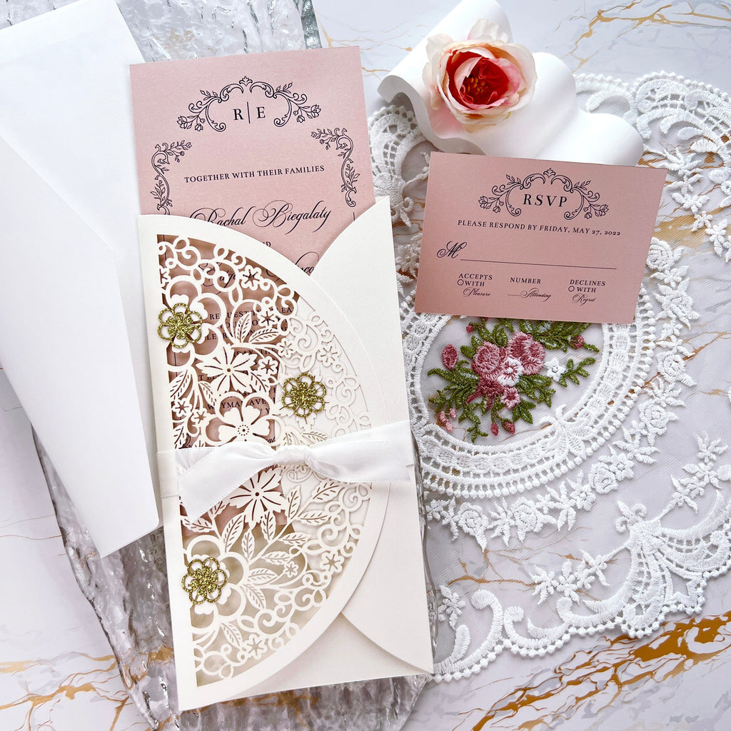 Laser Cut Flower Wedding Invitations, Lace Gate-Fold Invitation Cards, Personalized Wedding Cards with RSVP Wedding Ceremony Supplies Picky Bride Invitation + RSVP($0.6) White