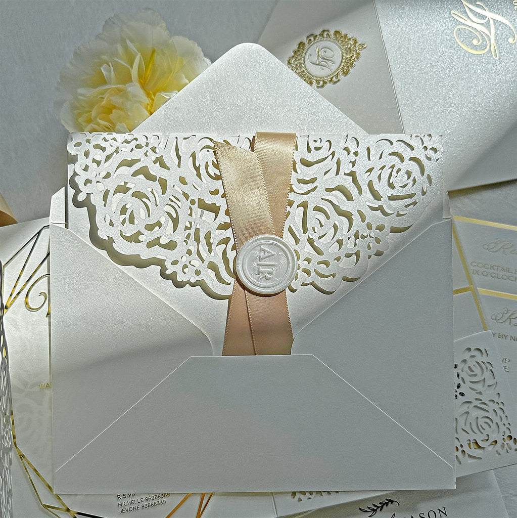 Laser Cut Pocket Clear Acrylic Wedding Invitation with Matching Cards: Rsvp Card, Reception Card, Detail Cards, Ivory Rose Laser Cutting Picky Bride