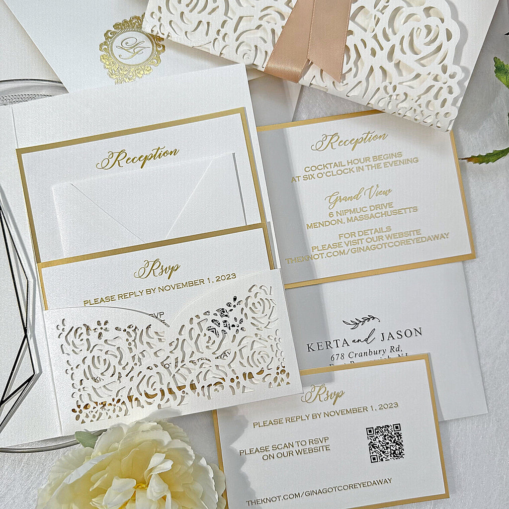 Laser Cut Pocket Clear Acrylic Wedding Invitation with Matching Cards: Rsvp Card, Reception Card, Detail Cards, Ivory Rose Laser Cutting Picky Bride