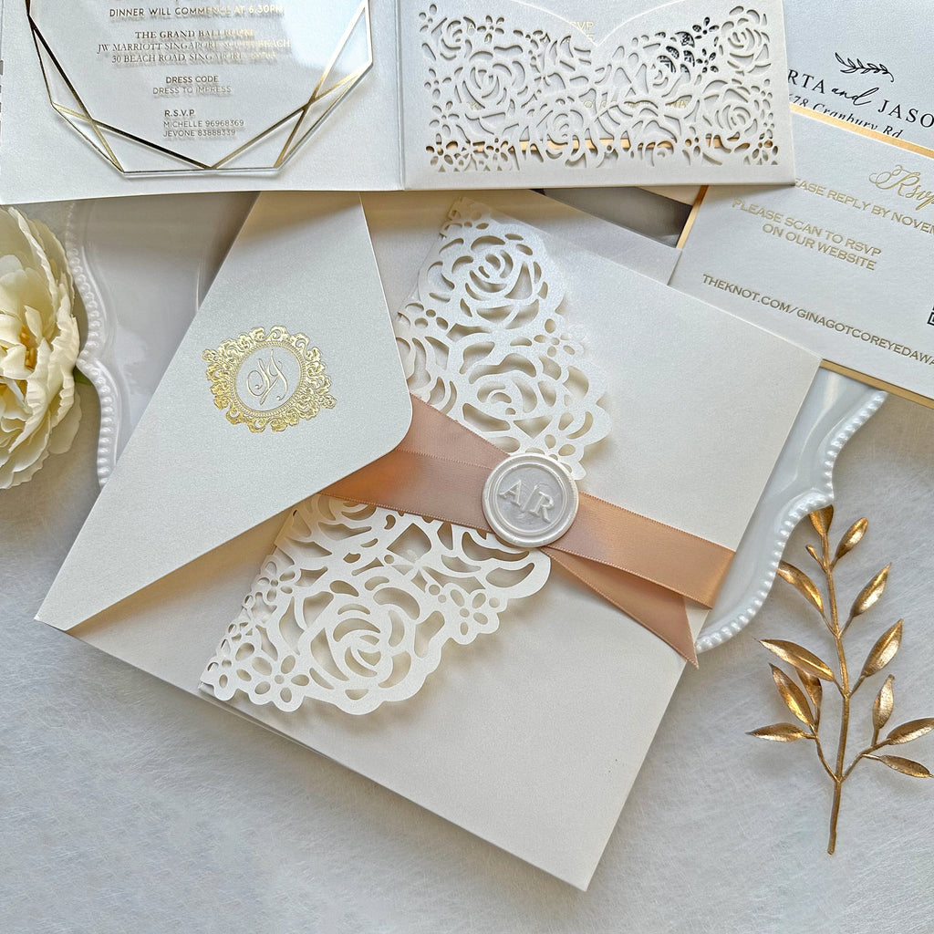 Laser Cut Pocket Clear Acrylic Wedding Invitation with Matching Cards: Rsvp Card, Reception Card, Detail Cards, Ivory Rose Laser Cutting Picky Bride