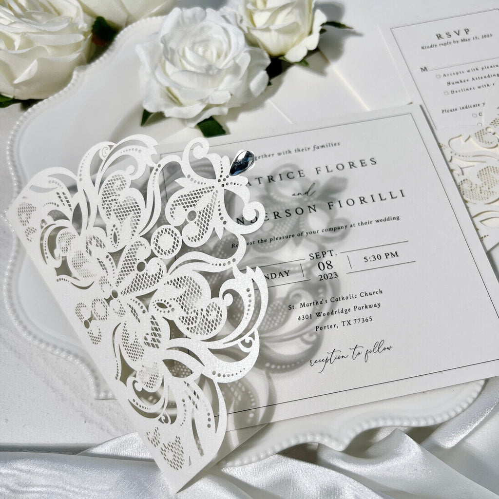 Laser Cut Pocket Fold Wedding Invitation Set, Elegant Ivory Lace Invites, Minimalist Wedding Card, Editable Details Cards and RSVP Wedding Ceremony Supplies Picky Bride