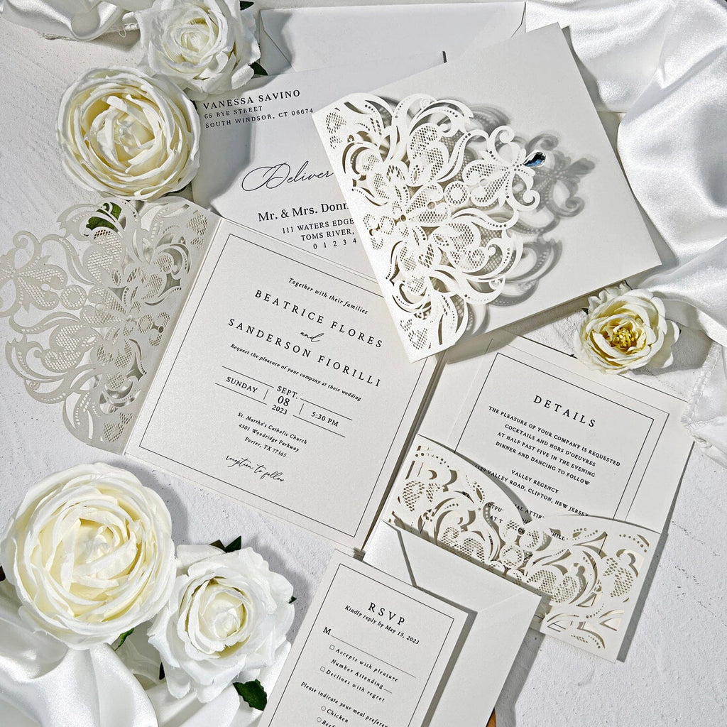 Laser Cut Pocket Fold Wedding Invitation Set, Elegant Ivory Lace Invites, Minimalist Wedding Card, Editable Details Cards and RSVP Wedding Ceremony Supplies Picky Bride