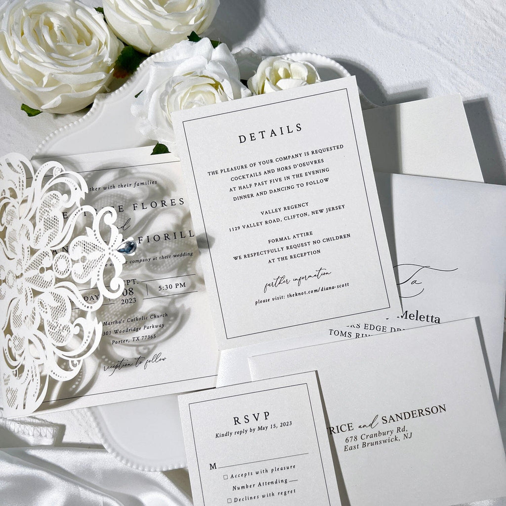 Laser Cut Pocket Fold Wedding Invitation Set, Elegant Ivory Lace Invites, Minimalist Wedding Card, Editable Details Cards and RSVP Wedding Ceremony Supplies Picky Bride
