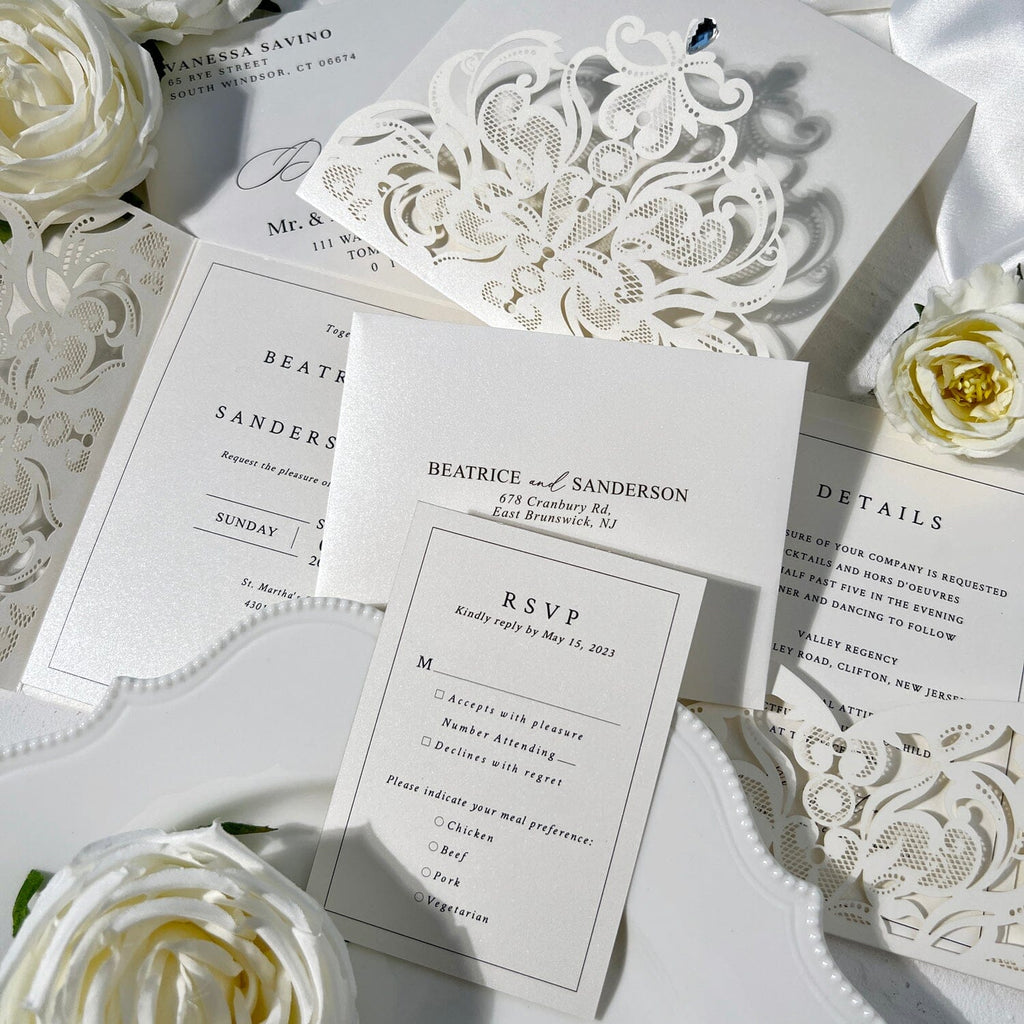 Laser Cut Pocket Fold Wedding Invitation Set, Elegant Ivory Lace Invites, Minimalist Wedding Card, Editable Details Cards and RSVP Wedding Ceremony Supplies Picky Bride