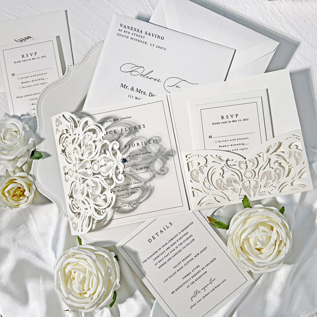 Laser Cut Pocket Fold Wedding Invitation Set, Elegant Ivory Lace Invites, Minimalist Wedding Card, Editable Details Cards and RSVP Wedding Ceremony Supplies Picky Bride
