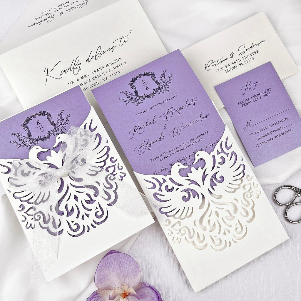 Lavender and White Swan Wedding Invitation Suite, Elegant Pocket Wedding Card, Chiffon bow Picky Bride