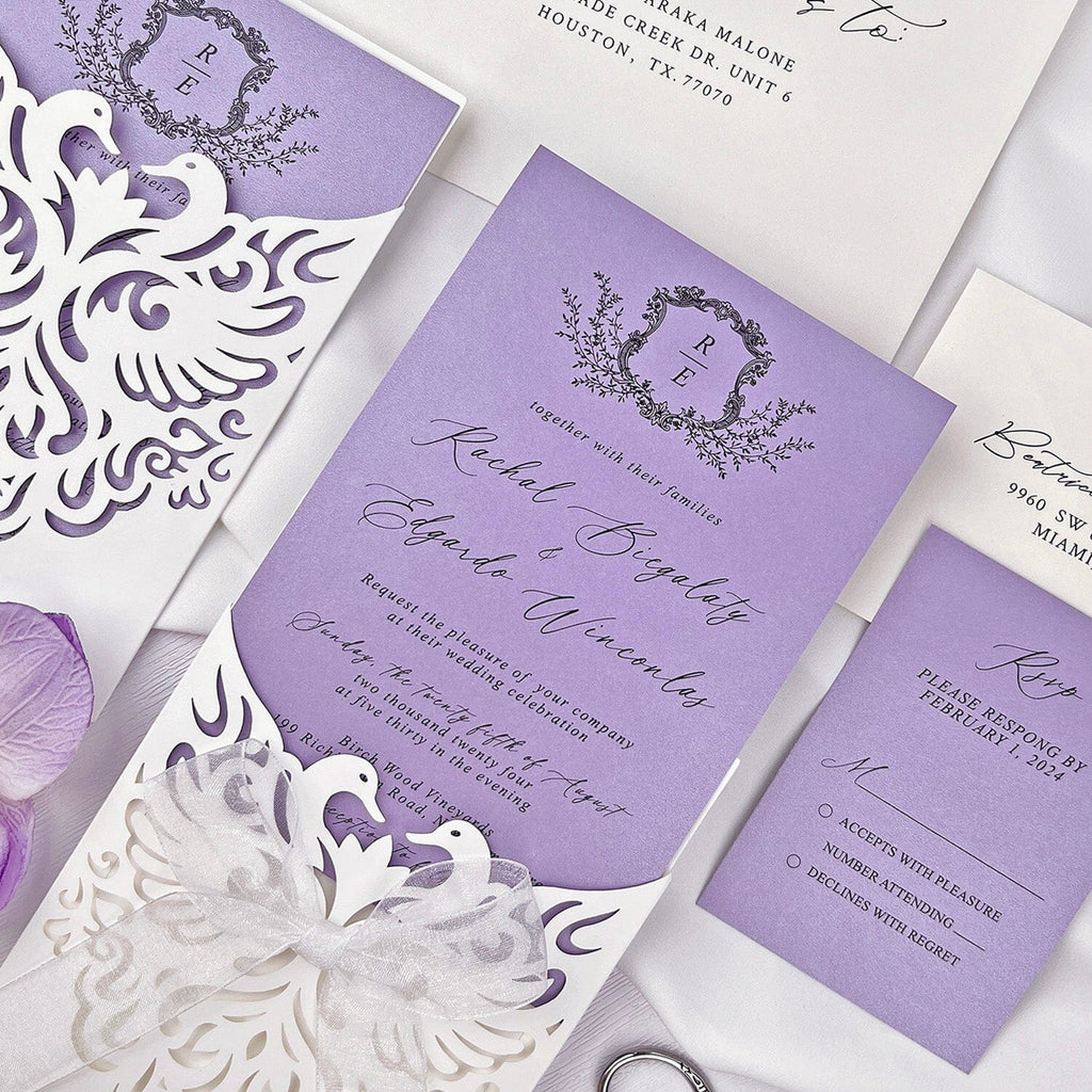 Lavender and White Swan Wedding Invitation Suite, Elegant Pocket Wedding Card, Chiffon bow Picky Bride