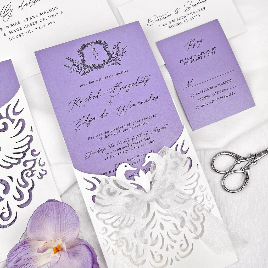Lavender and White Swan Wedding Invitation Suite, Elegant Pocket Wedding Card, Chiffon bow Picky Bride Invitations + RSVP (+$0.6) 1 Sample