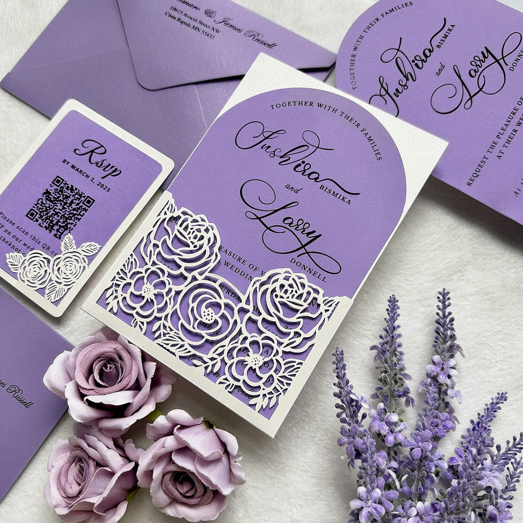 Lavender Floral Wedding Invitations, Elegant Ivory and Lilac Arch Invites, Romantic Laser Cut Pocket Wedding Invitation with Matched RSVP Wedding Ceremony Supplies Picky Bride