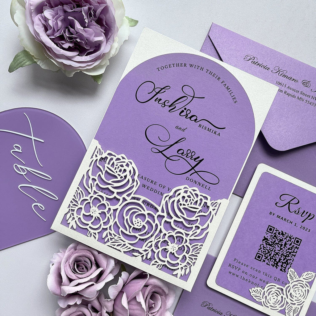 Lavender Floral Wedding Invitations, Elegant Ivory and Lilac Arch Invites, Romantic Laser Cut Pocket Wedding Invitation with Matched RSVP Wedding Ceremony Supplies Picky Bride