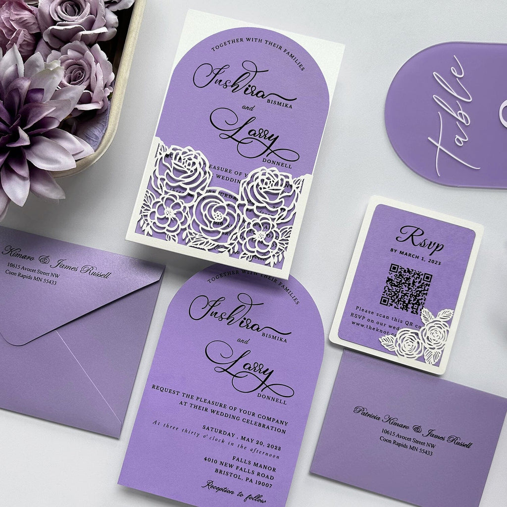 Lavender Floral Wedding Invitations, Elegant Ivory and Lilac Arch Invites, Romantic Laser Cut Pocket Wedding Invitation with Matched RSVP Wedding Ceremony Supplies Picky Bride