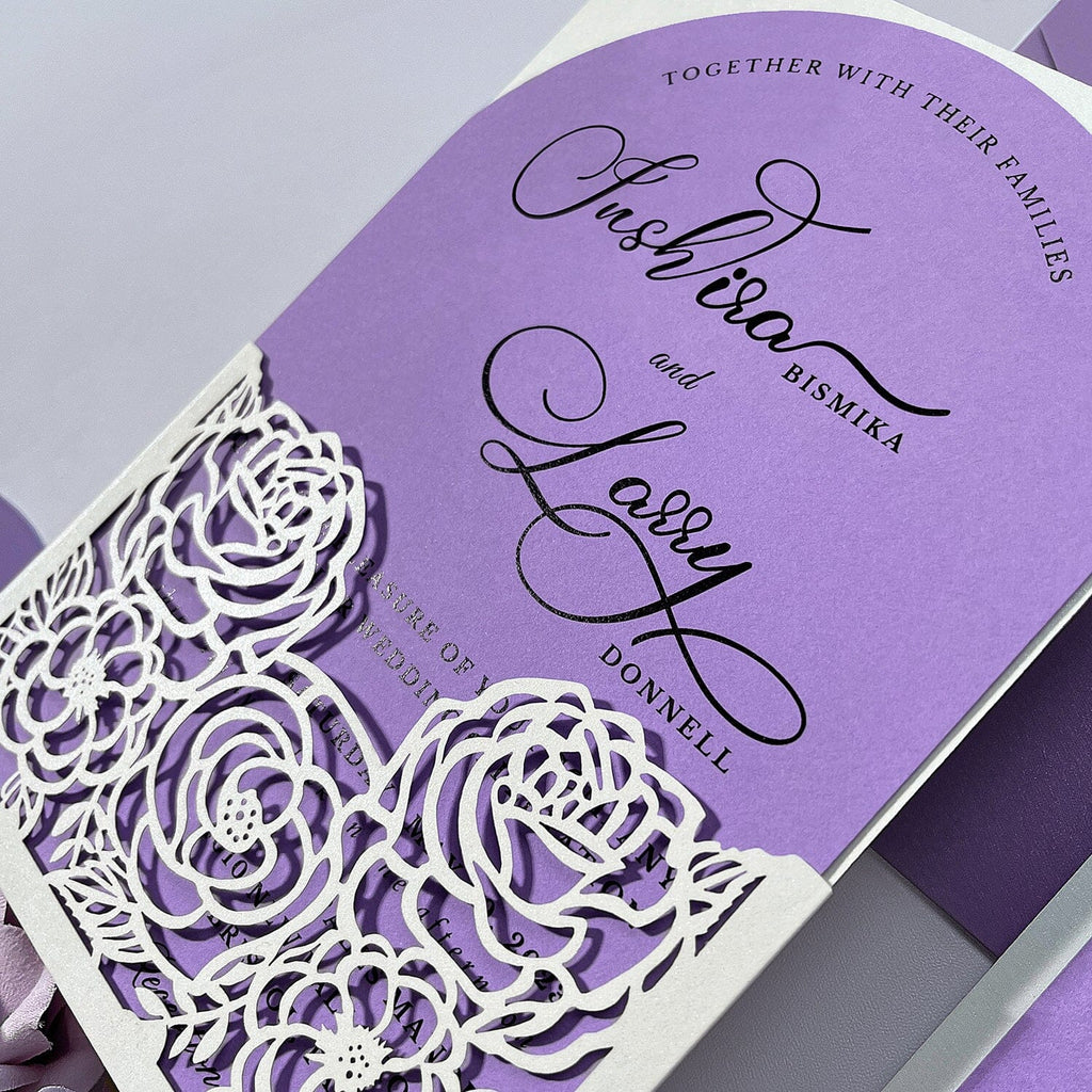 Lavender Floral Wedding Invitations, Elegant Ivory and Lilac Arch Invites, Romantic Laser Cut Pocket Wedding Invitation with Matched RSVP Wedding Ceremony Supplies Picky Bride