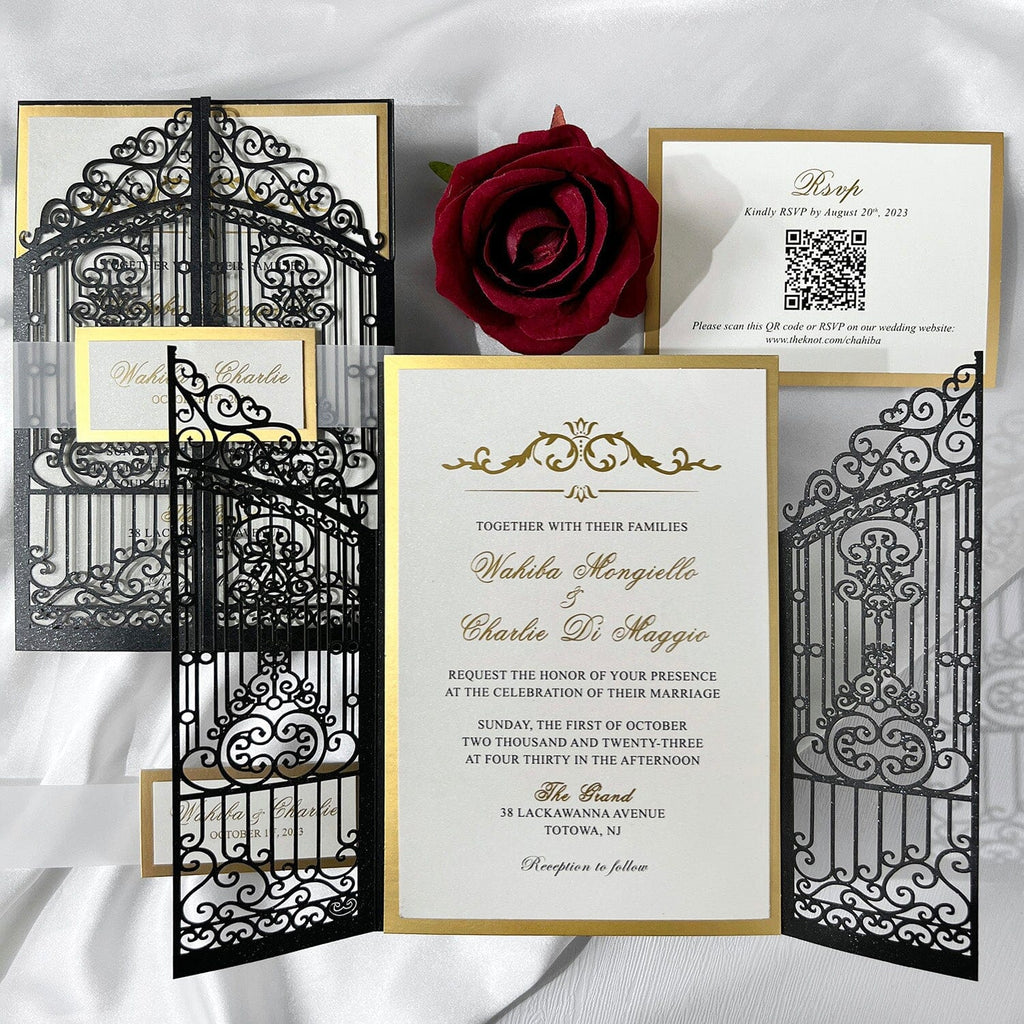 Luxury Black and Gold Gatefold Wedding Invitation, Vintage Retro Iron Gate Laser Cut Wedding Invitations, Gold Foil Lined Invites with Customized Vellum Belly Band Picky Bride