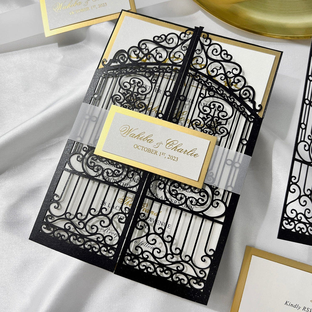 Luxury Black and Gold Gatefold Wedding Invitation, Vintage Retro Iron Gate Laser Cut Wedding Invitations, Gold Foil Lined Invites with Customized Vellum Belly Band Picky Bride