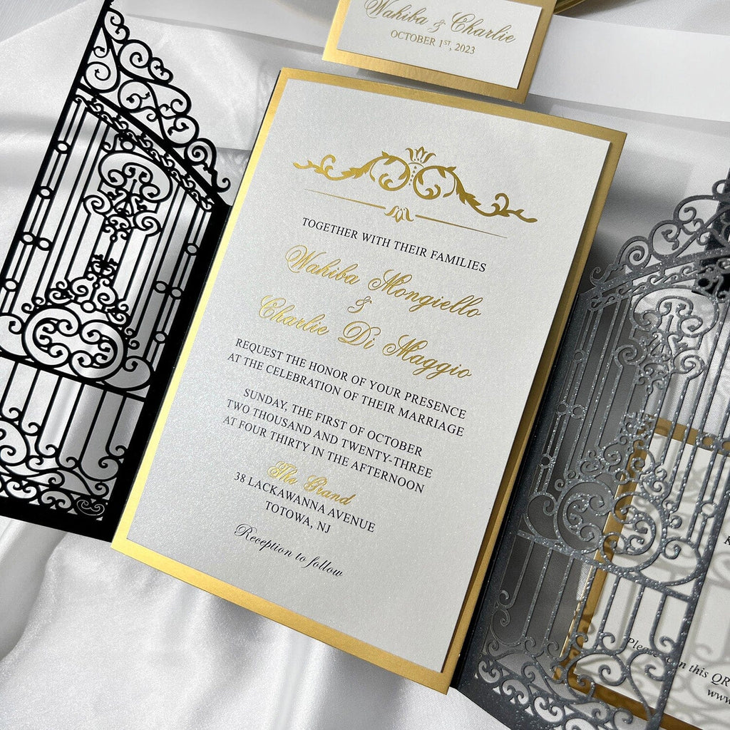 Luxury Black and Gold Gatefold Wedding Invitation, Vintage Retro Iron Gate Laser Cut Wedding Invitations, Gold Foil Lined Invites with Customized Vellum Belly Band Picky Bride